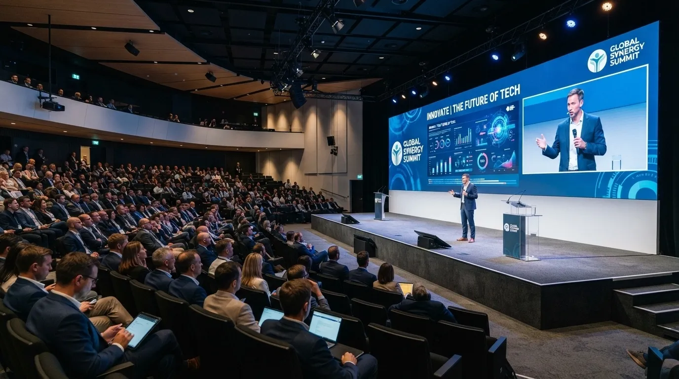 Corporate conference in a full auditorium with a large LED wall showing the speaker's live camera feed alongside presentation content